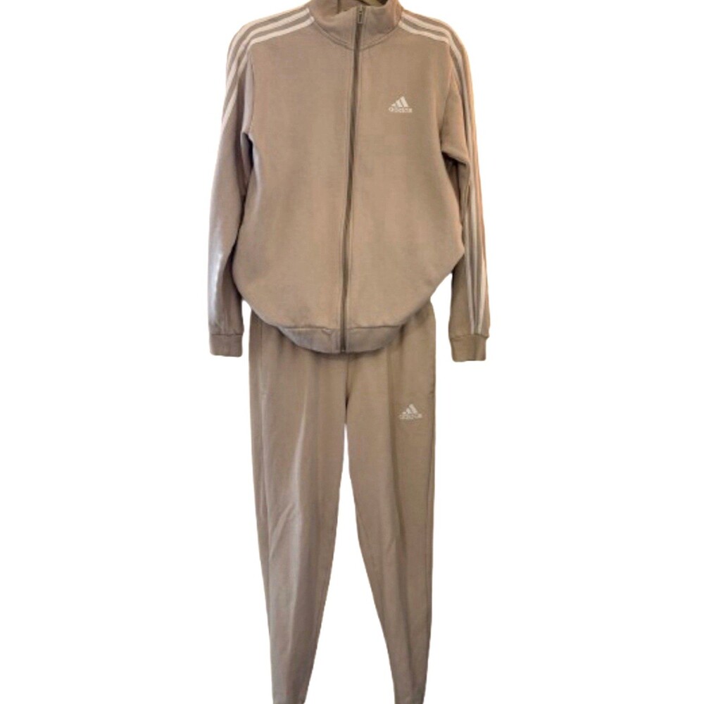 Adidas Men's XL Beige Tracksuit Set Jacket & Joggers Cotton Blend Zip Logo